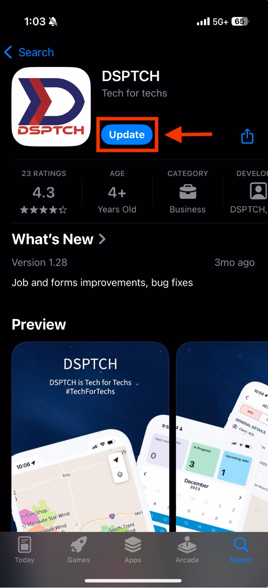 DSPTCH listing in the App Store with the Update button highlighted in red
