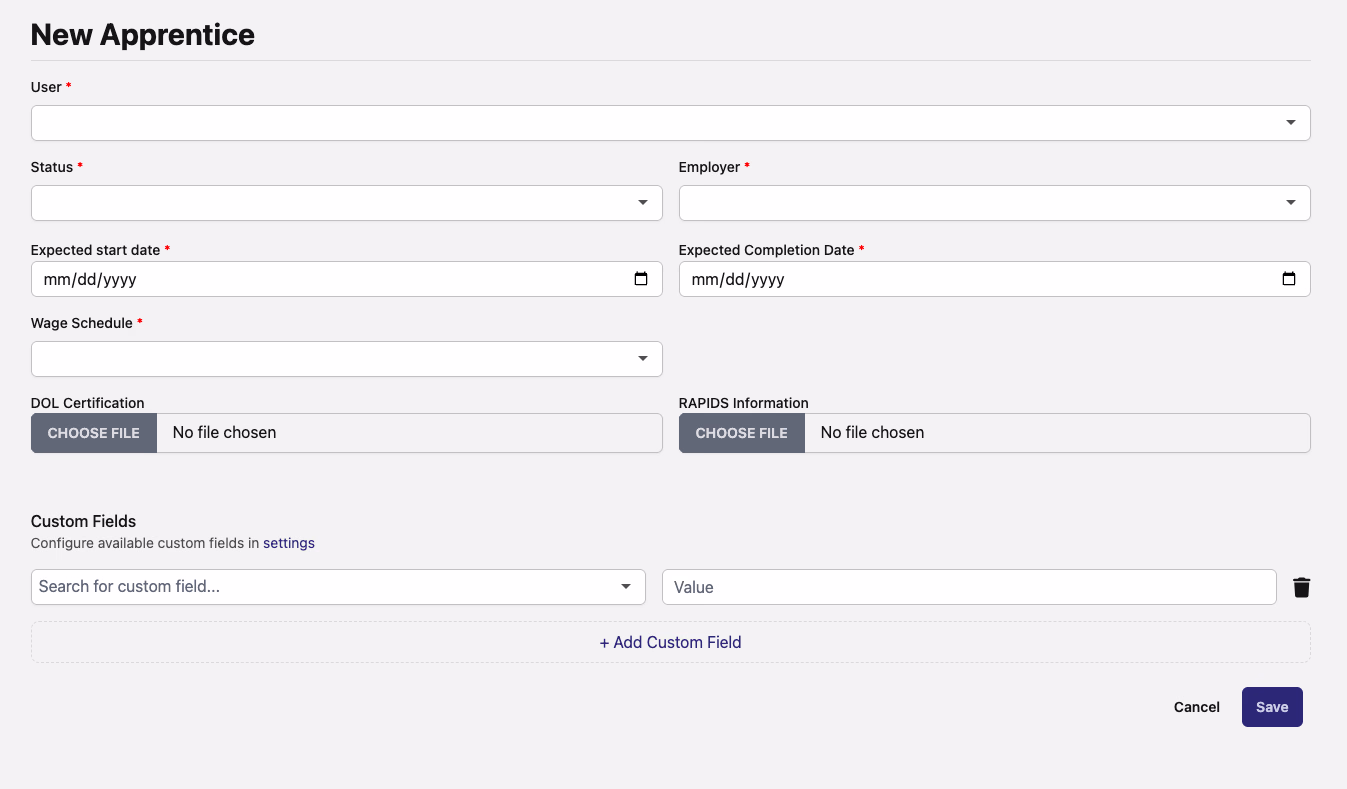 New Apprentice form showing User, Status, Employer, Expected start date, Expected Completion Date, and Wage Schedule fields each marked with a red asterisk
