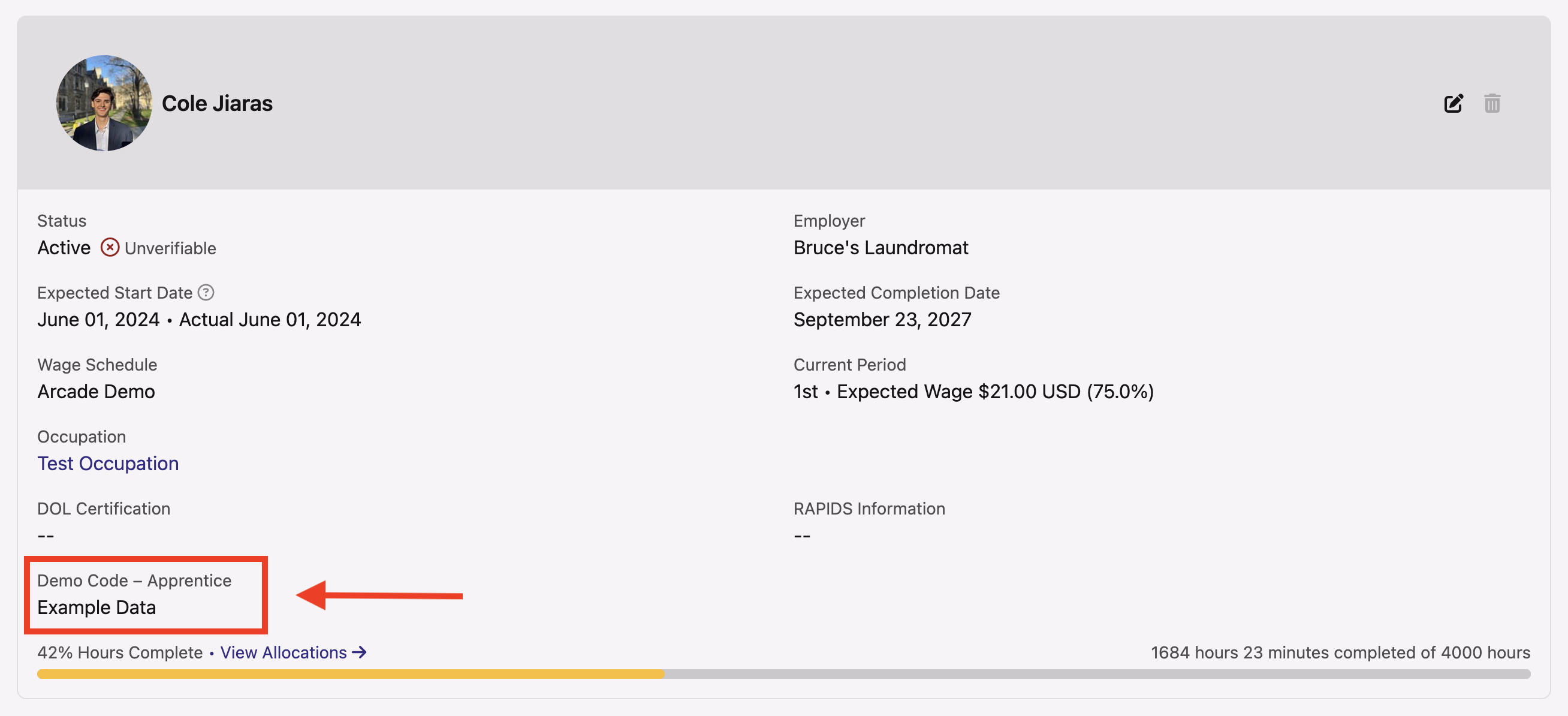 Apprentice profile showing custom field value on profile tab with red box callout