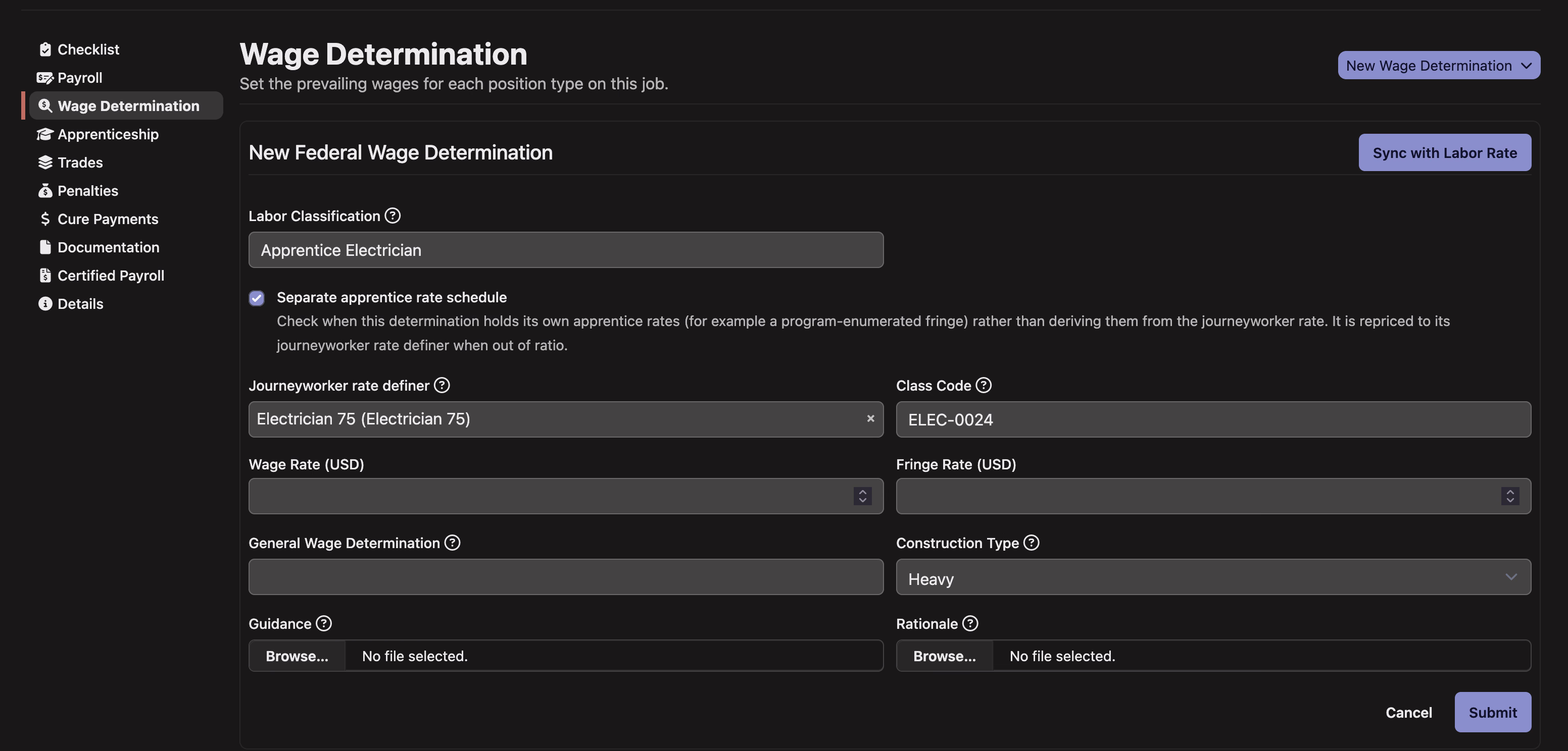 The New Wage Determination form for an Apprentice Electrician classification, with the Separate apprentice rate schedule checkbox ticked and a Journeyworker rate definer set to Electrician 75