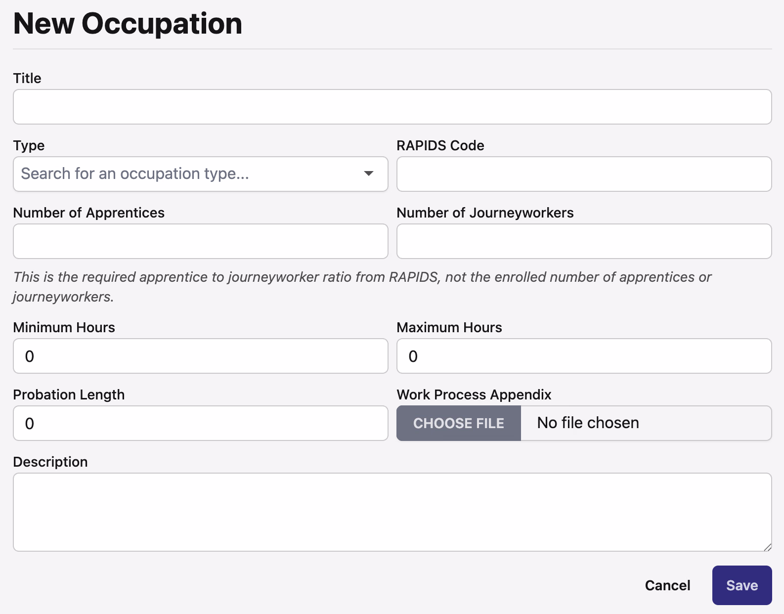 New Occupation form with title, type, RAPIDS code, hours, and ratio fields