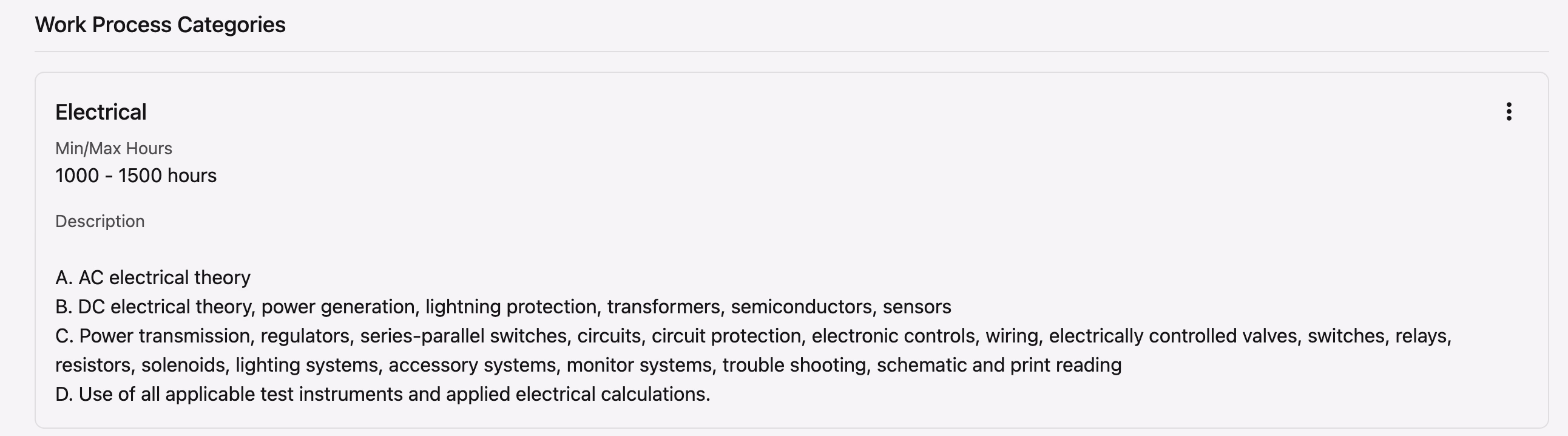 Work Process Categories list showing an Electrical category with min/max hours and description