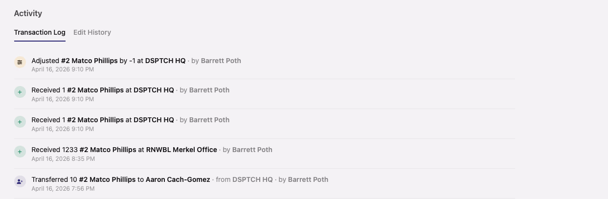 Activity panel on an Asset Product with the Transaction Log tab open showing inventory adjustments, receipts, and transfers