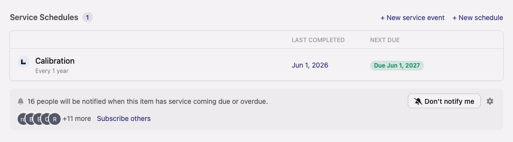 The Service Schedules section of an asset item showing a yearly calibration schedule with its next-due date, above a notification bar listing how many people will be reminded when service comes due or overdue