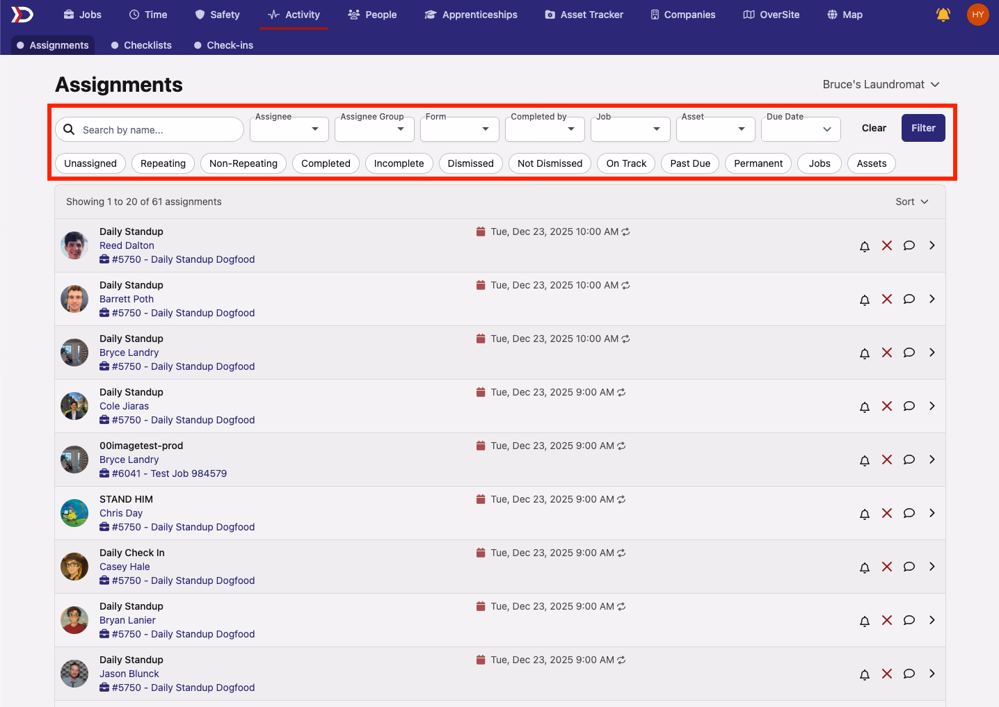 Assignments tab with filter options and toggle pills highlighted in red
