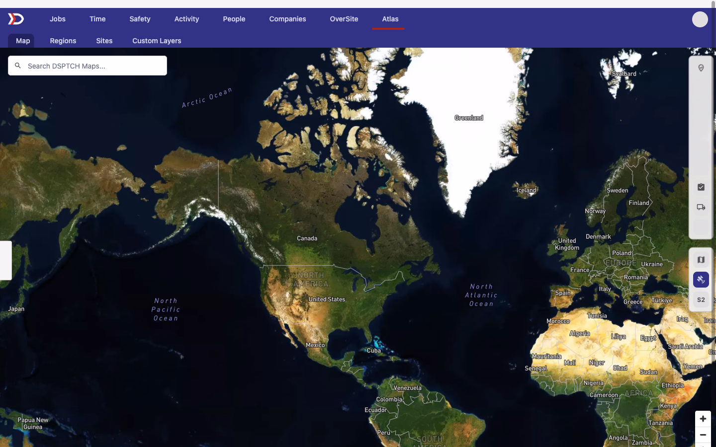 Atlas map in Satellite view with the persistent map-style selector on the right