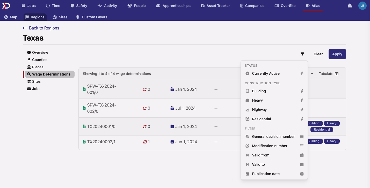 The wage determinations listing on an Atlas region page with the new filter panel open, showing status and construction type toggles
