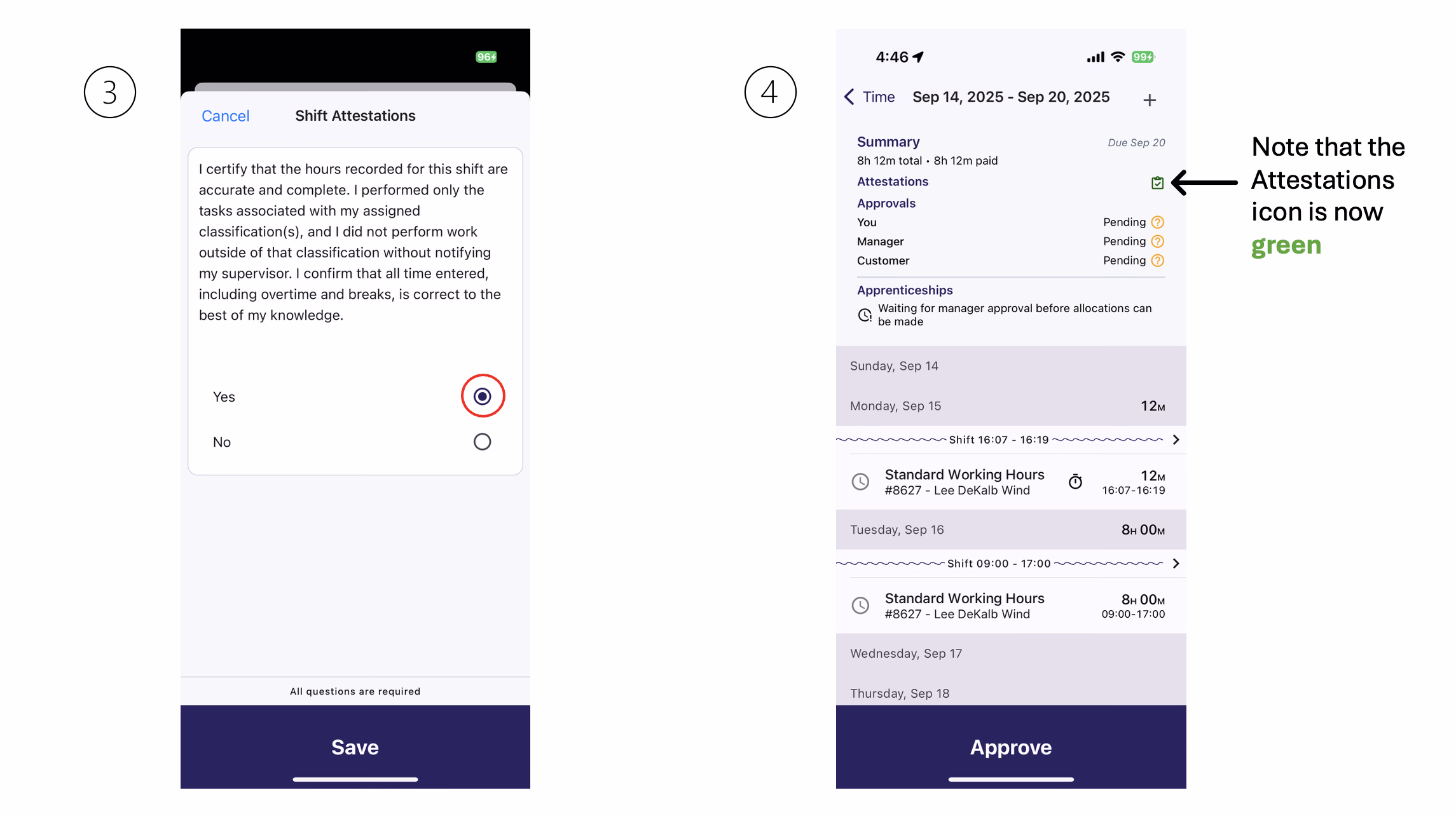 Shift Attestations page with Yes selected and Time Card summary showing green Attestations icon after completion