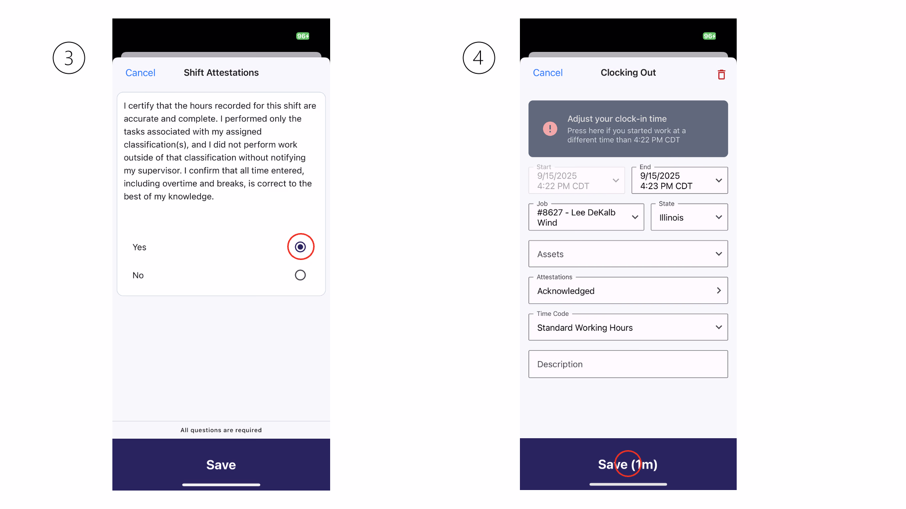 Shift Attestations page with Yes/No options and the Clocking Out form showing Attestations acknowledged
