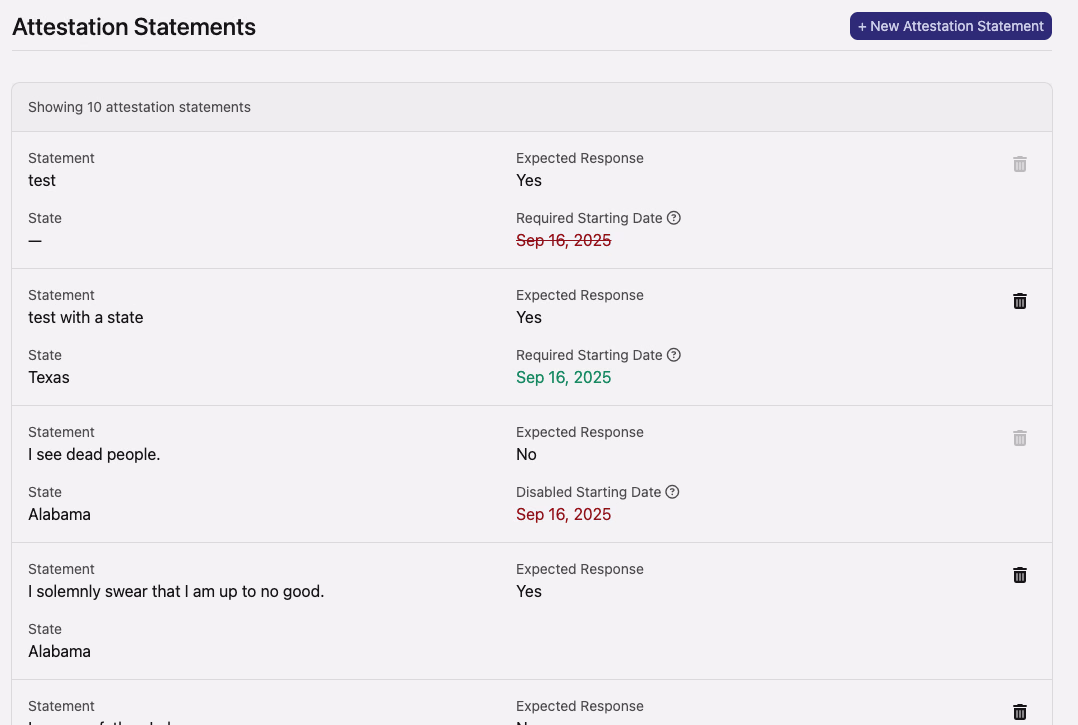 Attestation Statements list showing multiple statements — some with no state set and one scoped to Texas, one to Alabama — each with Expected Response and date fields