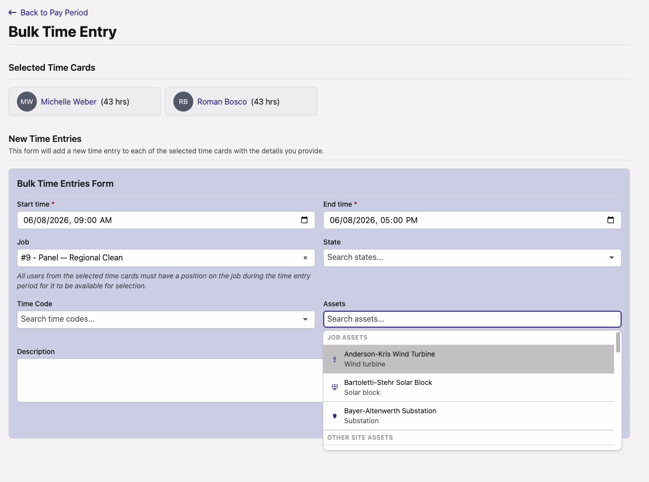 The Bulk Time Entry form with a Description field and an Assets picker grouped into Job assets and Other site assets