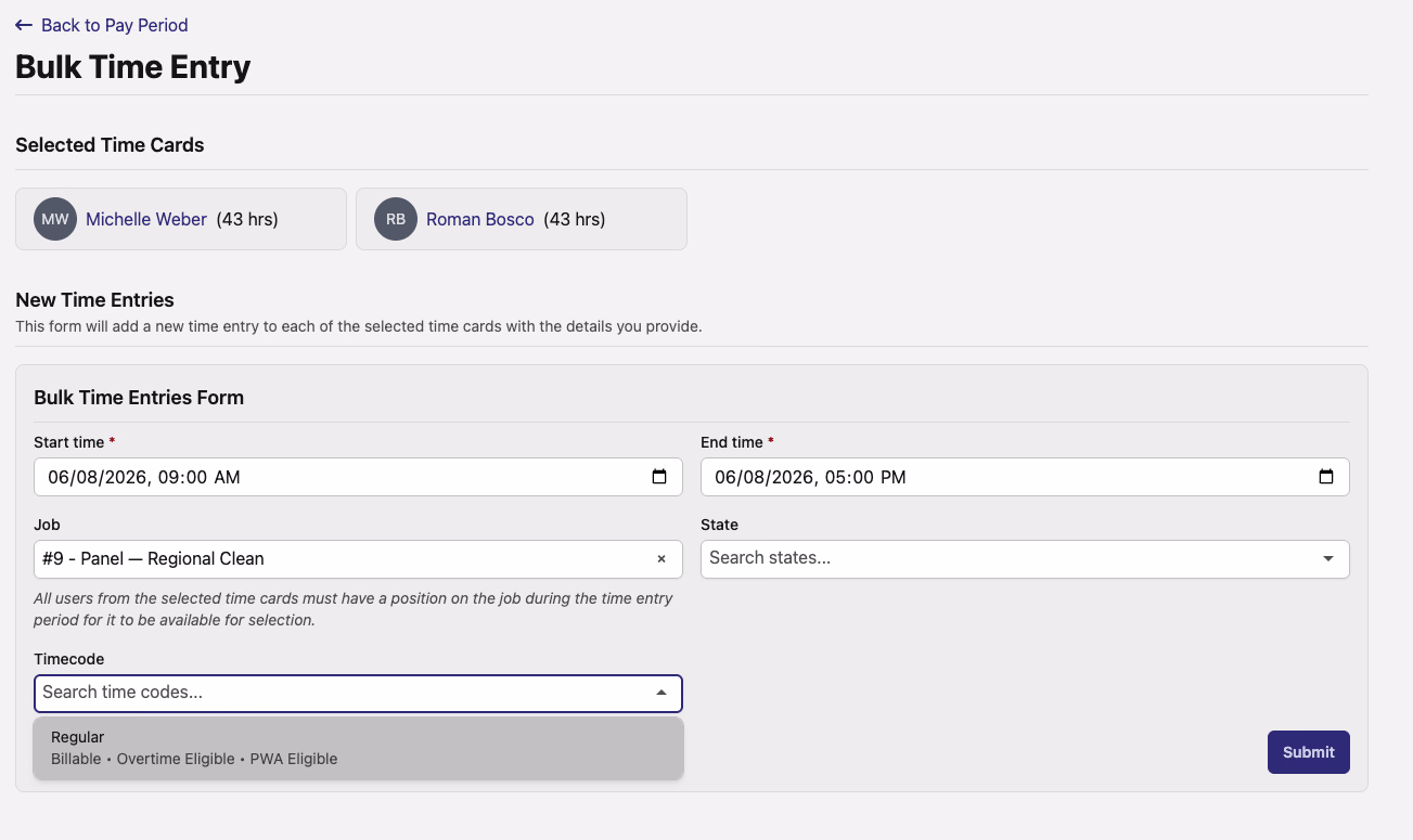 The Bulk Time Entry form with searchable Job, State, and Time Code pickers, showing the Time Code option list scoped to the selected job