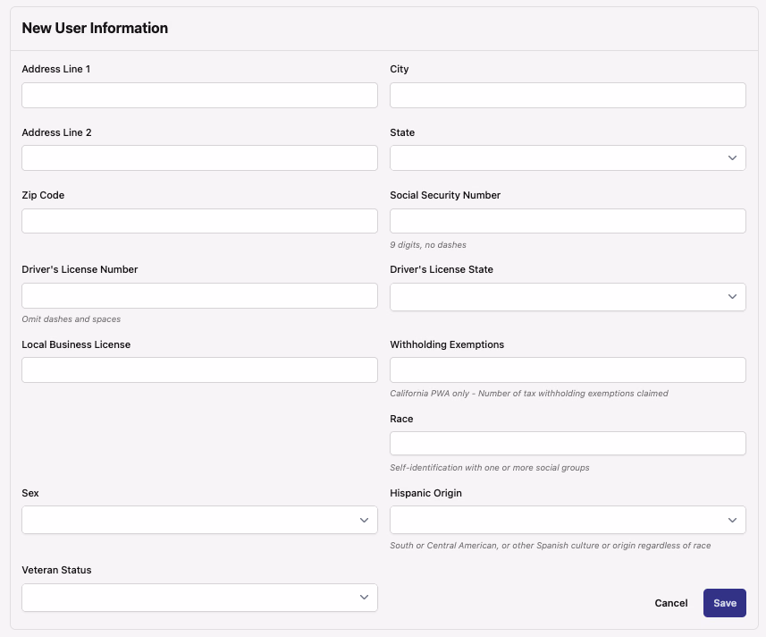 New User Information form with the new Withholding Exemptions field, hint text reading California PWA only - Number of tax withholding exemptions claimed