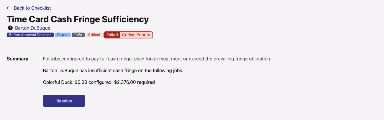 Time Card Cash Fringe Sufficiency check listing a job that pays less cash fringe than required