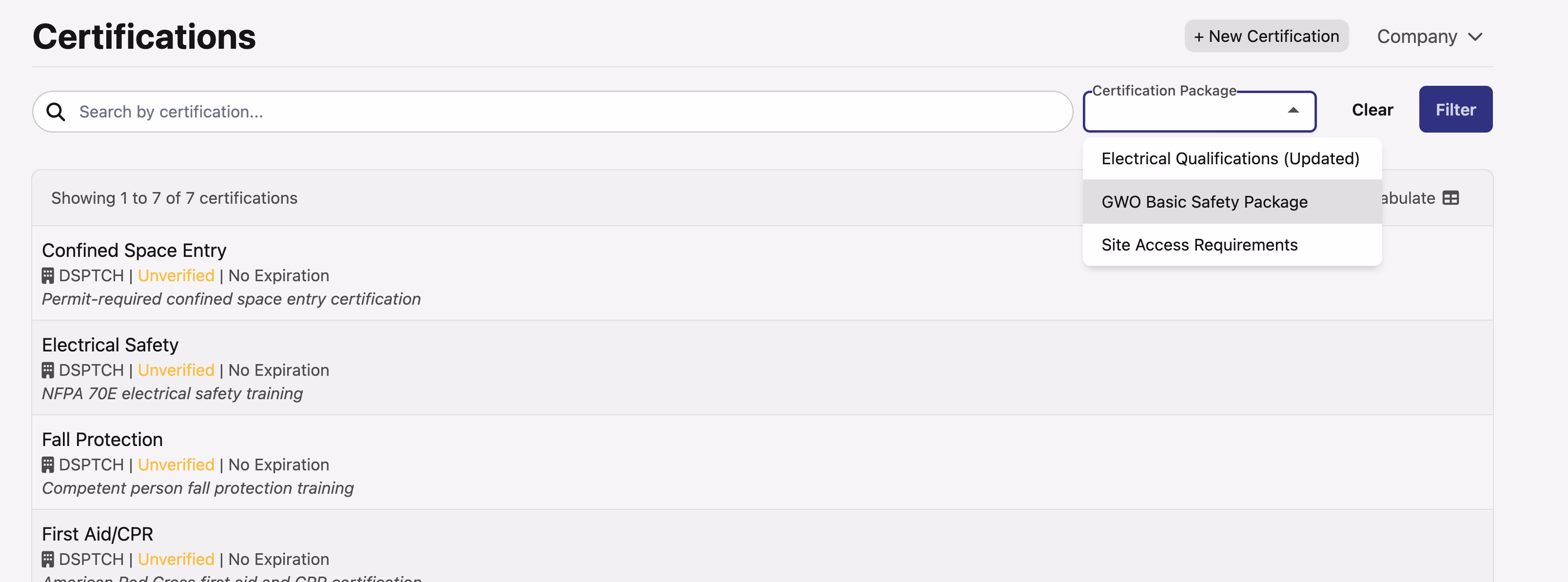 Certification Filtering by Package
