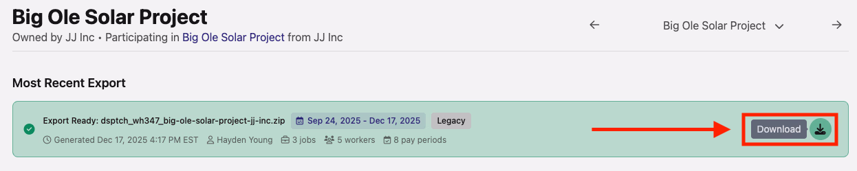 Green export ready banner with download icon highlighted on the right side