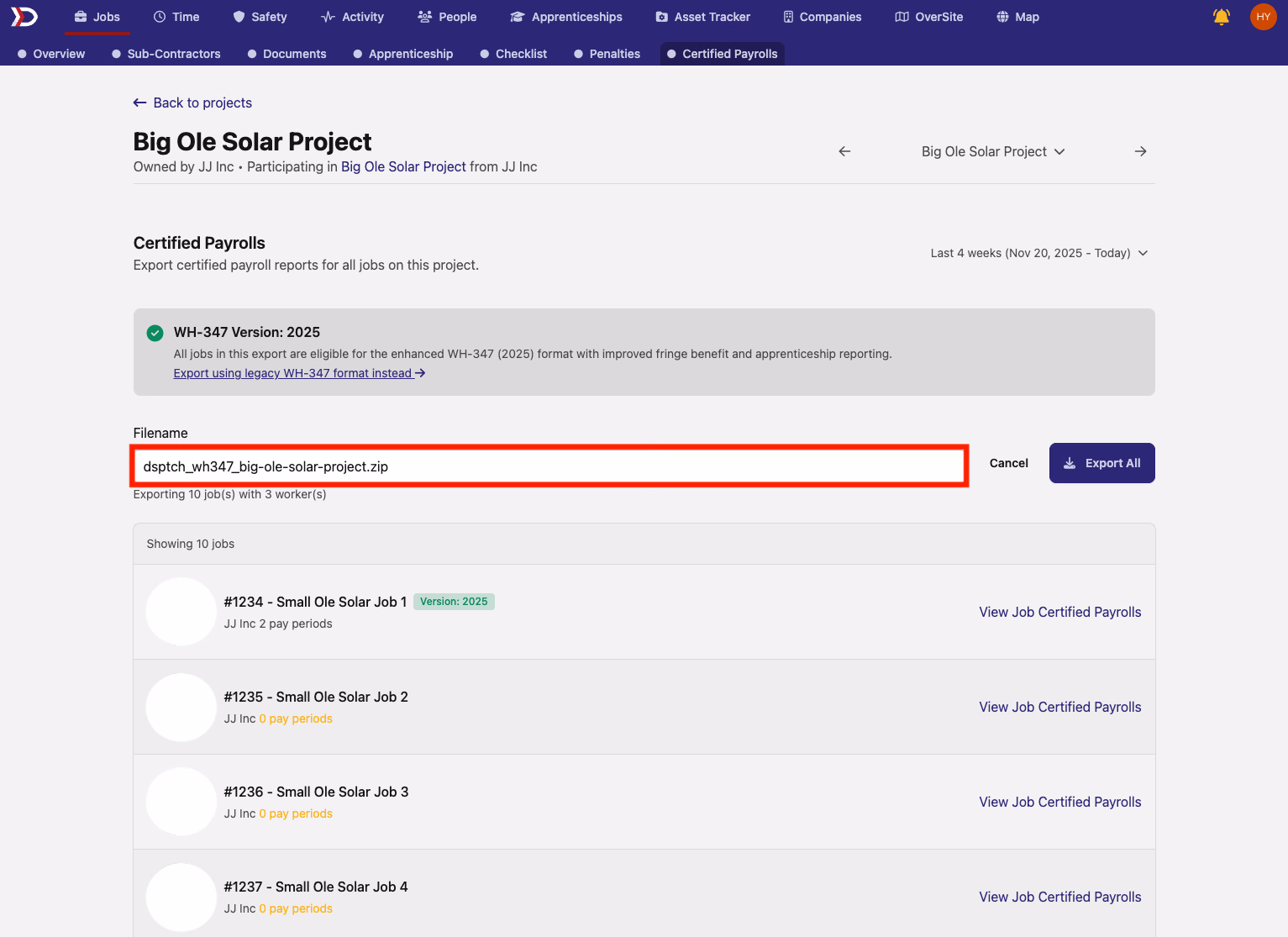 Certified Payrolls tab with filename input field highlighted for editing the export file name