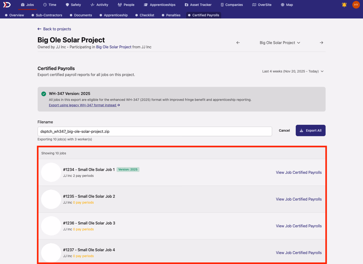 Certified Payrolls tab showing list of jobs with export options and version tags highlighted