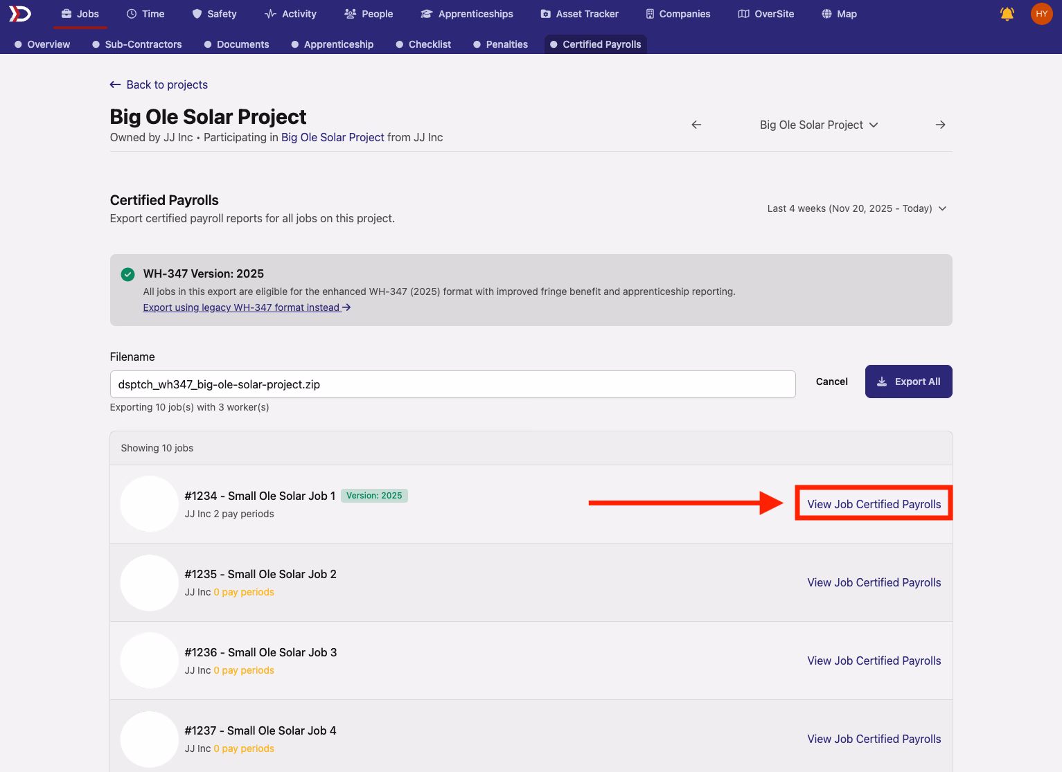 Certified Payrolls tab with View Job Certified Payrolls link highlighted for a specific job