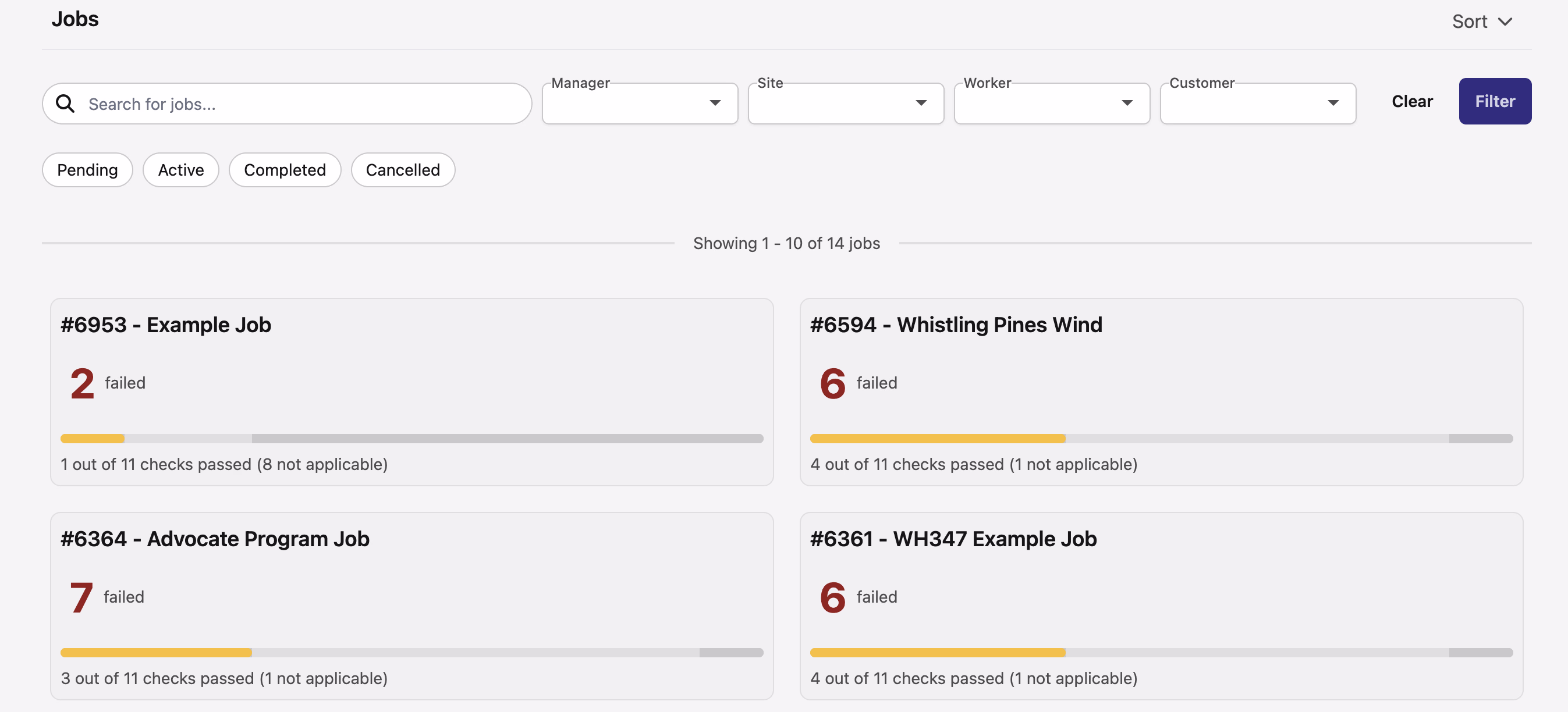 Checklist Jobs section with per-job compliance check counts and failed totals