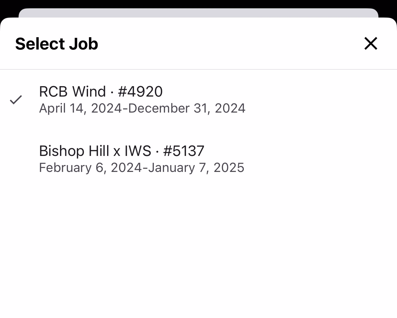 Select Job modal showing two jobs with a checkmark next to the currently selected job