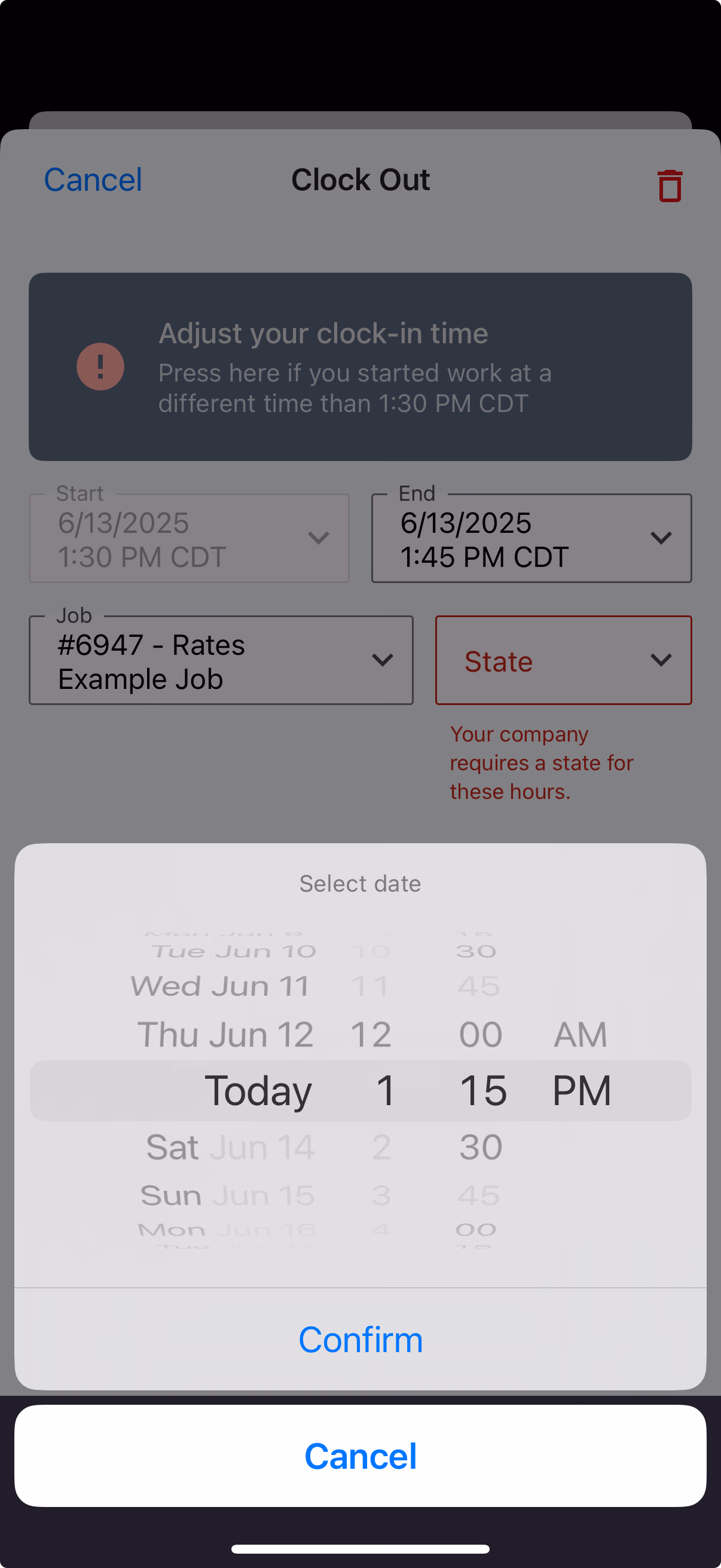 Clock Out form with date-time scroll picker open to adjust clock-in start time