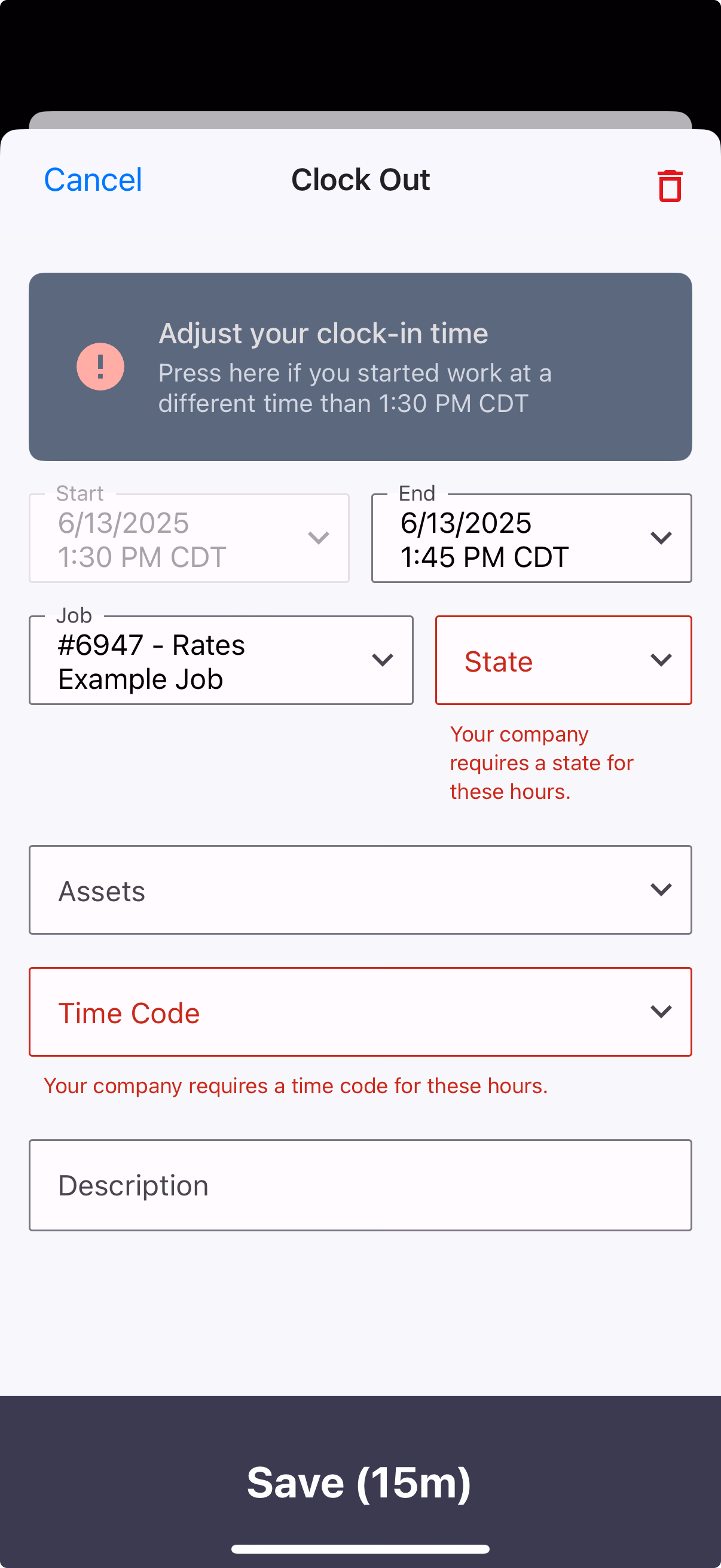 Clock Out screen with Add Time Entry form showing job, state, assets, time code, and description fields
