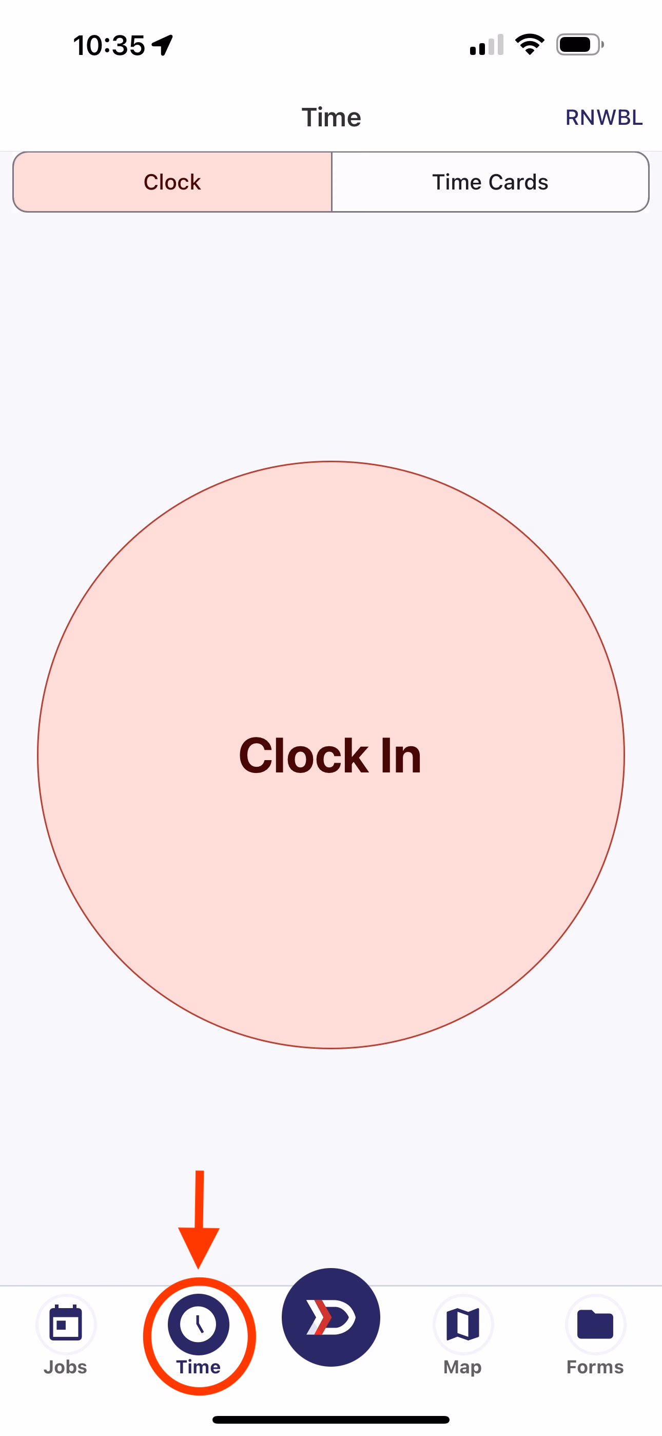 Clock tab showing large circular Clock In button with Time tab selected in nav bar