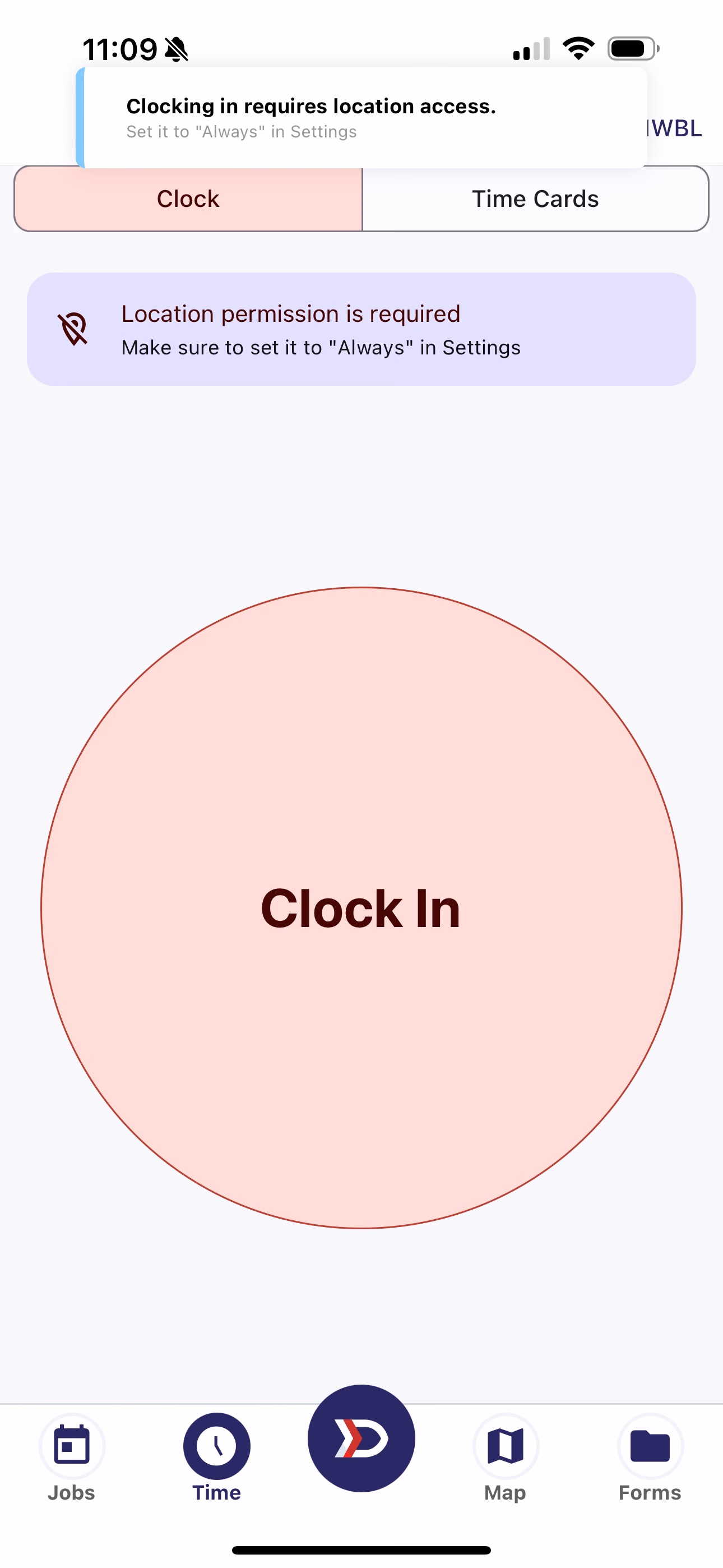 Clock tab showing Location permission is required error banner above the Clock In button