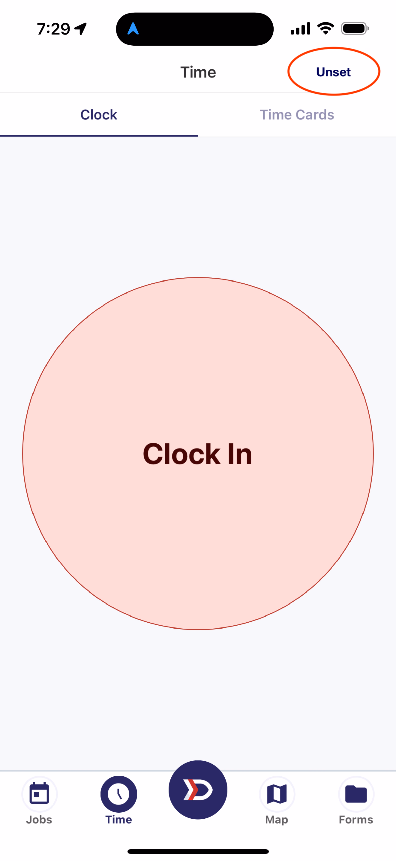 Clock tab showing Clock In button with Unset company label highlighted in top right