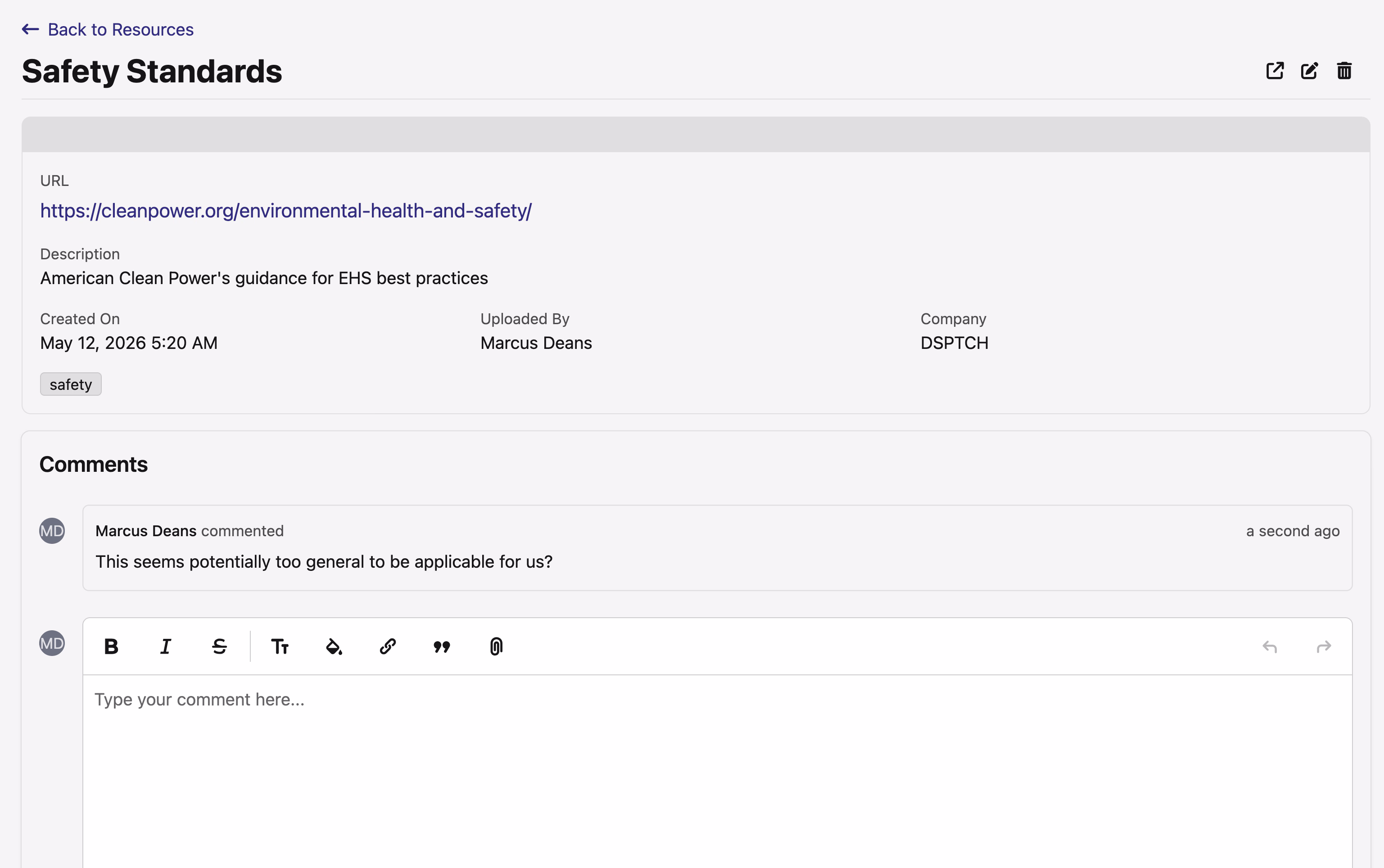 Safety Standards company document show page with a comments card below the document metadata and rich-text editor