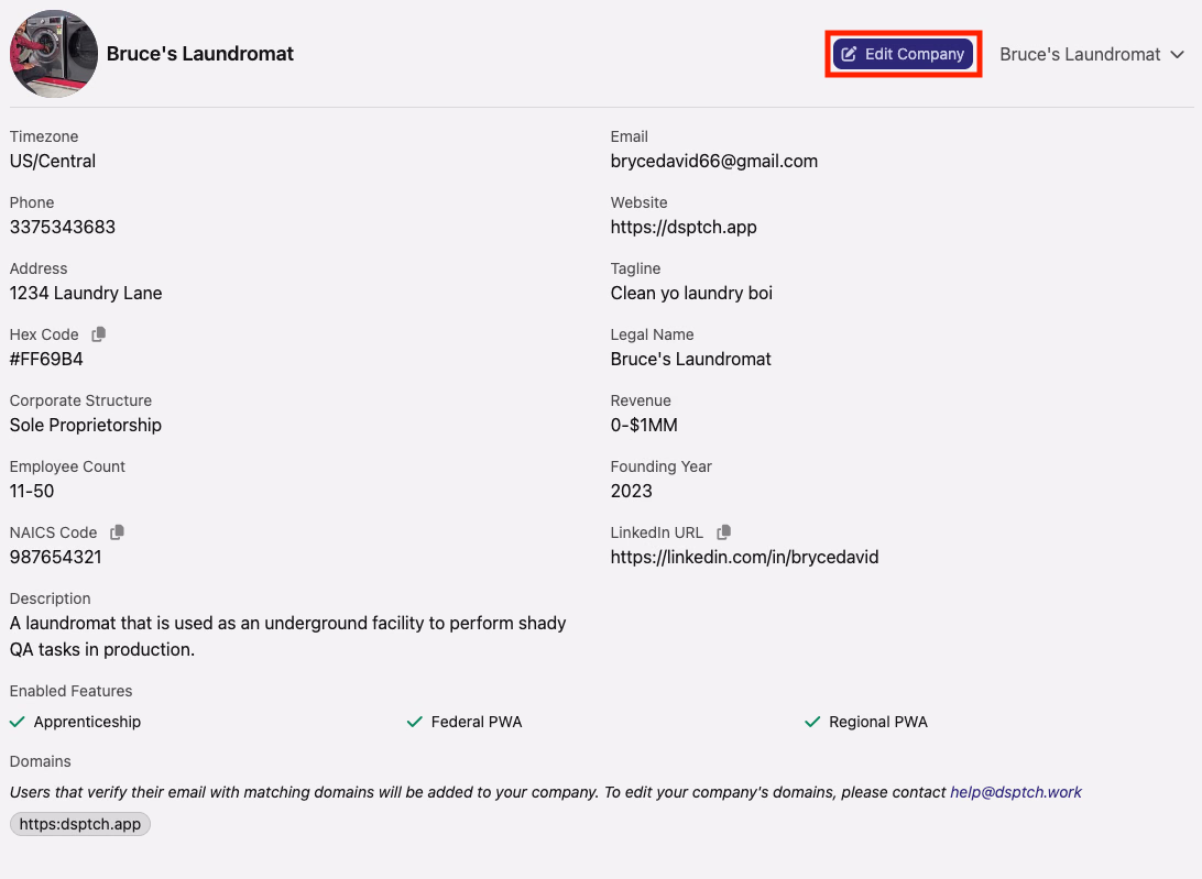 Basic Company Details section showing company name, contact info, and Edit Company button highlighted