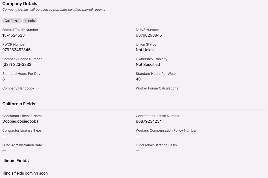 Company Details section showing tax ID, DUNS, PWCR, union status, hours, and regional fields