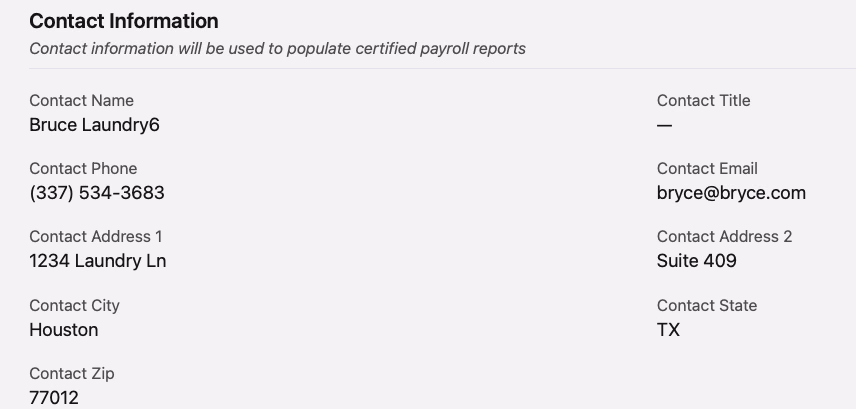 Contact Information section showing contact name, title, phone, email, and address fields used for certified payroll reports