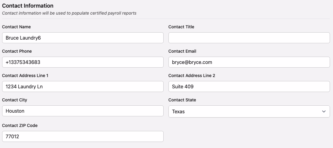 Edit Company form showing Contact Information fields including name, title, phone, email, and address