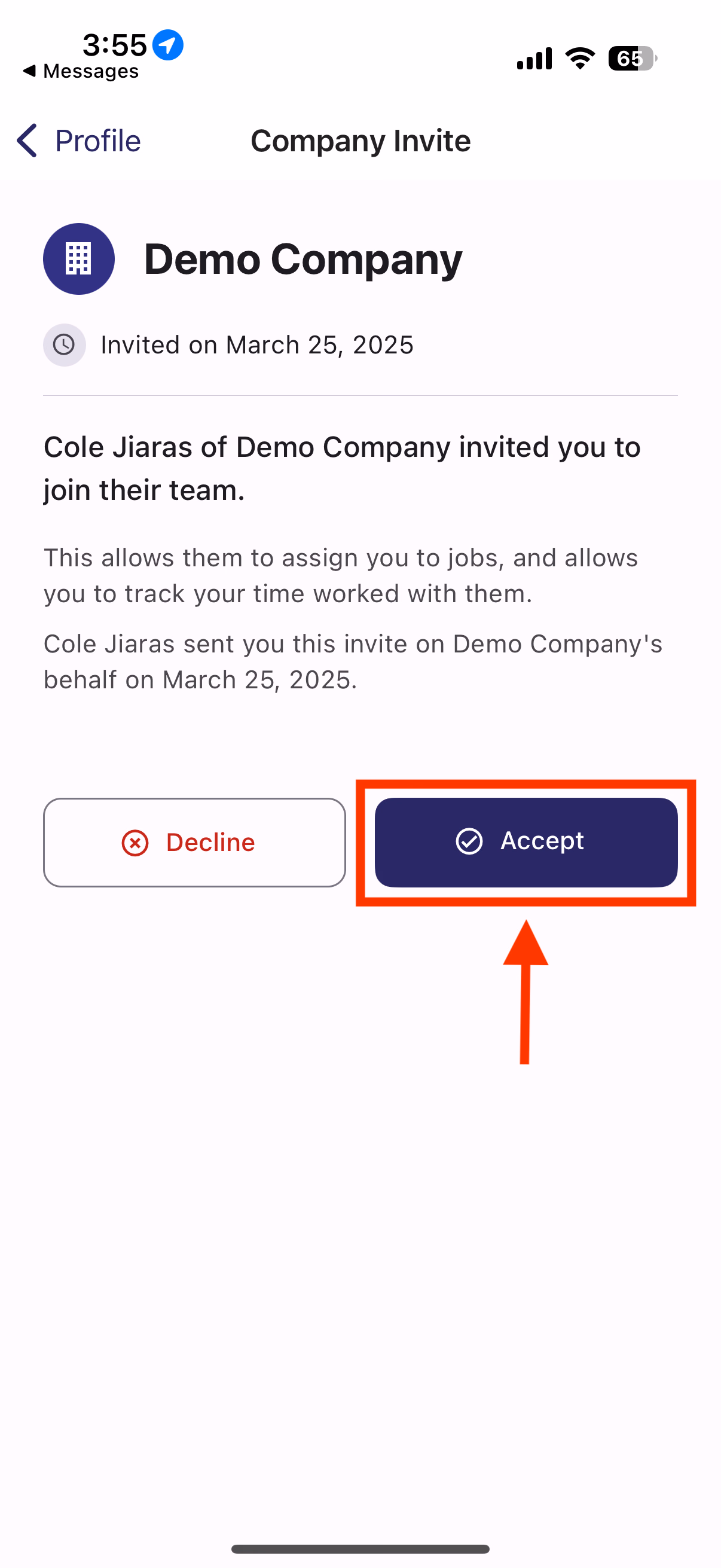 Company Invite page showing Accept and Decline buttons with Accept highlighted