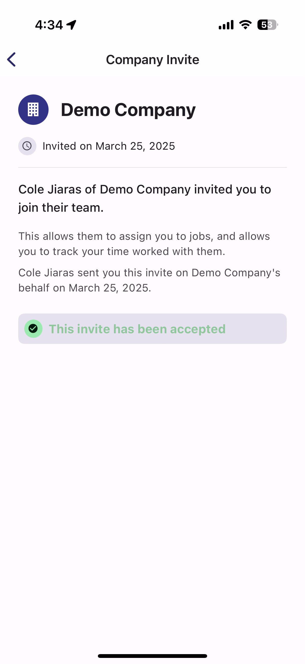 Company Invite page showing This invite has been accepted success message