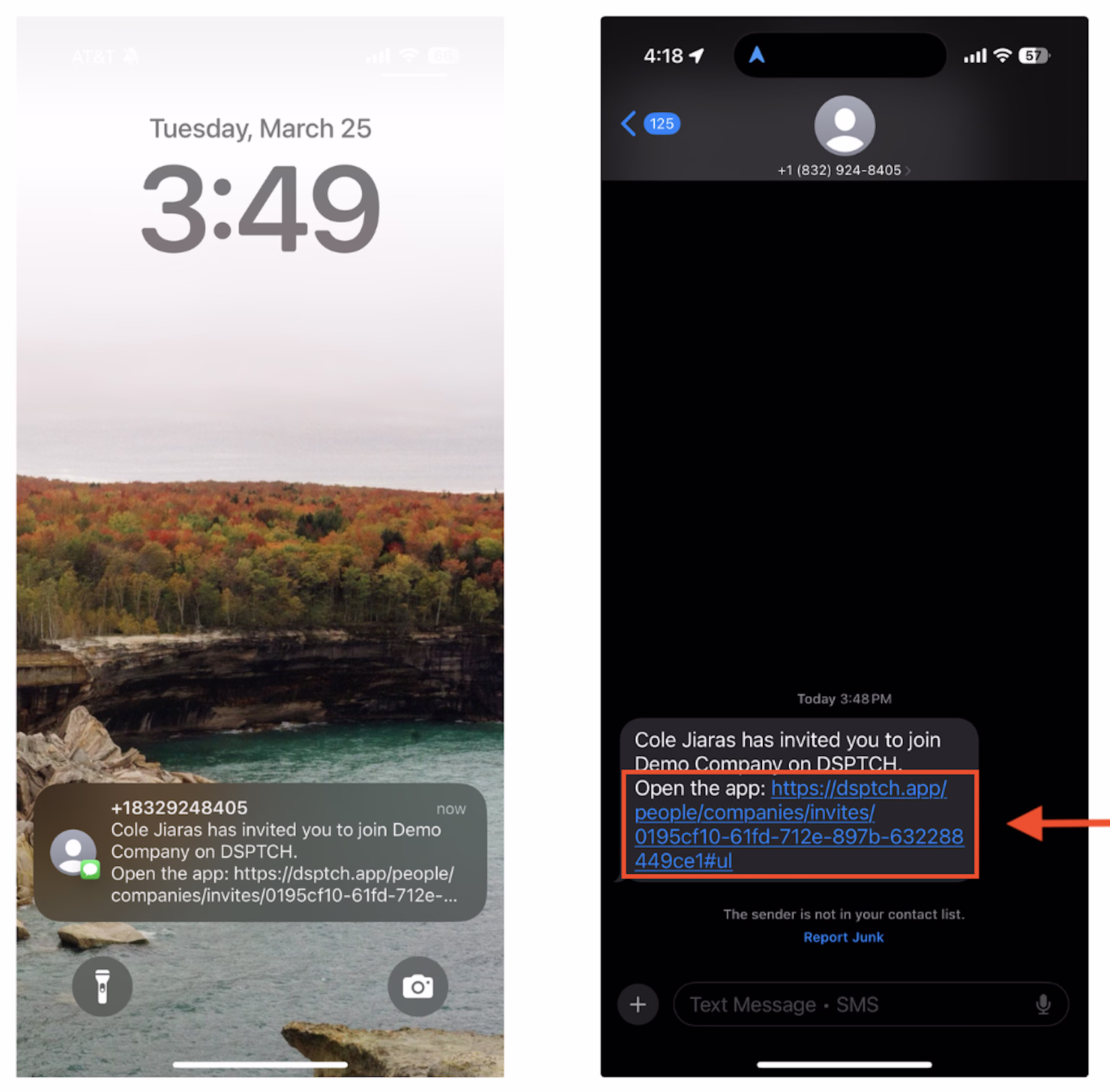 Lock screen and SMS thread showing invite link highlighted