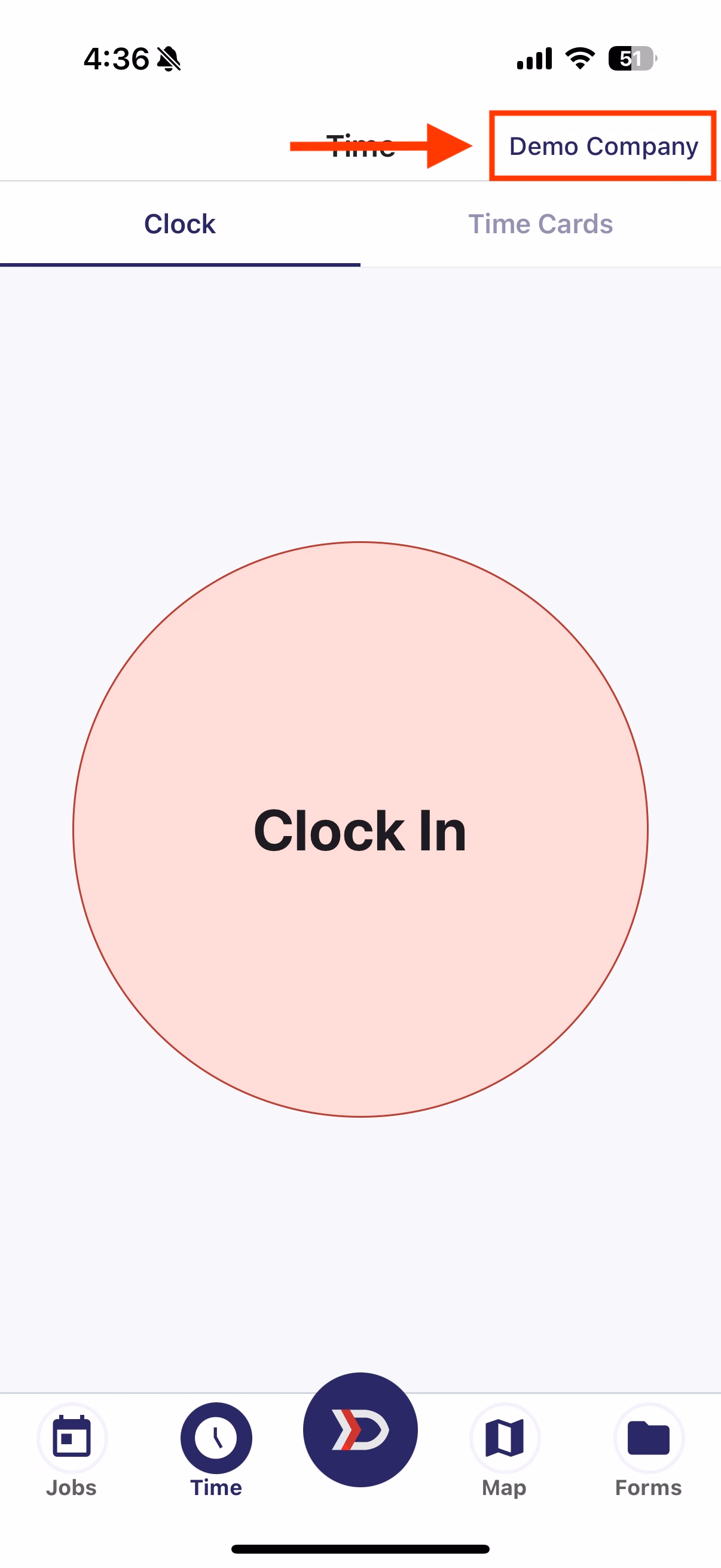 Time tab showing company name in top right confirming successful invite acceptance
