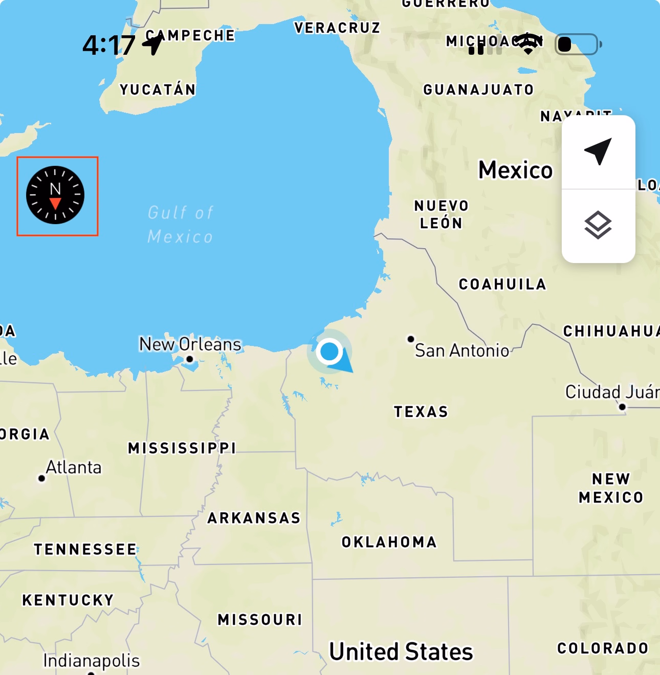 Map view with the Compass button highlighted in red to reorient the map to true north