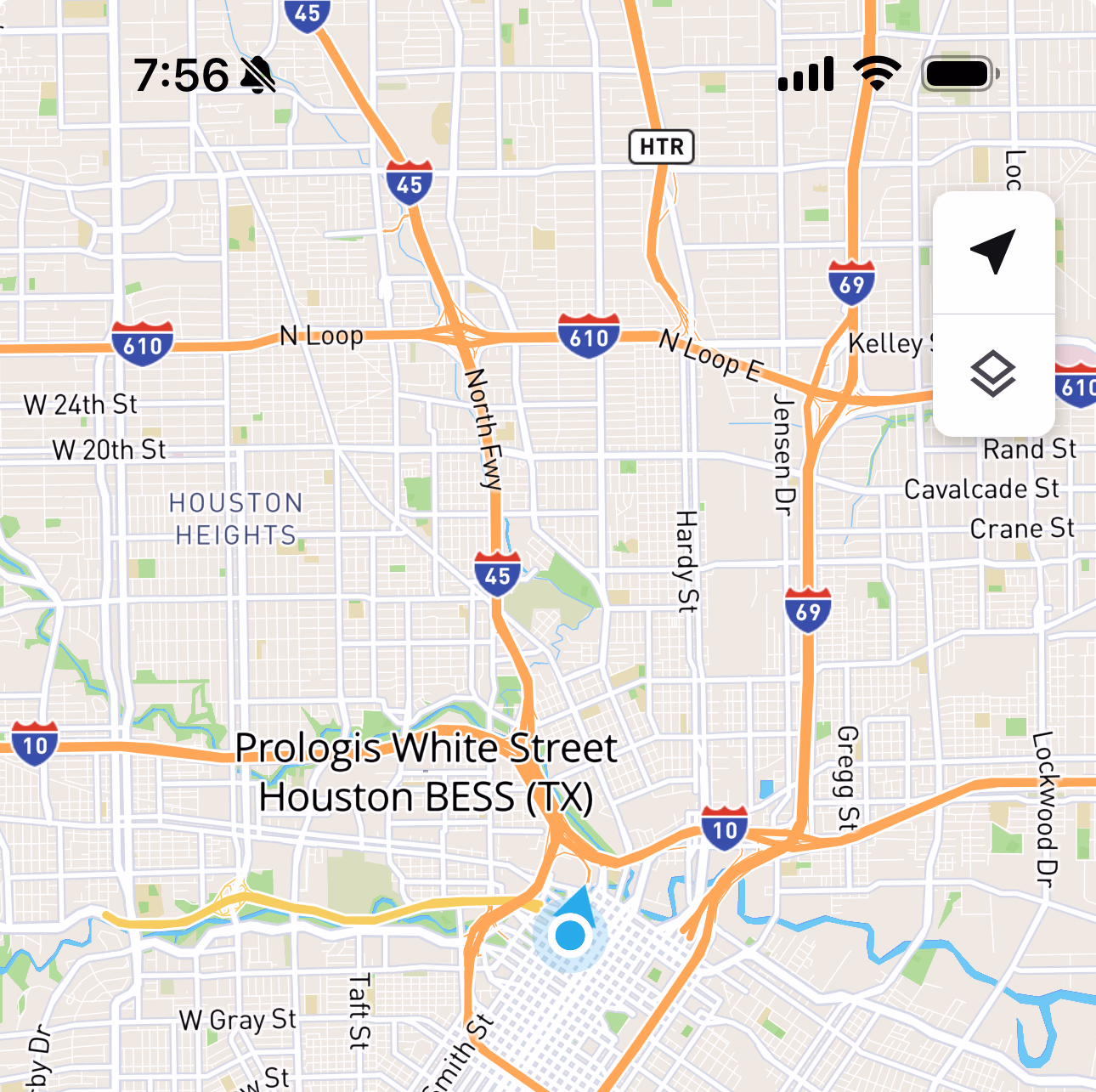 Map oriented to true north with the Compass button hidden because no rotation is applied