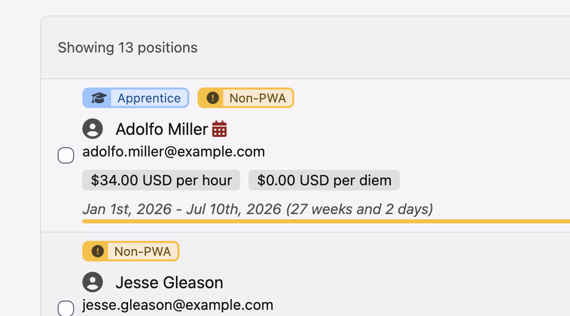 A completed job's position list with position end dates shortened to the job's completion date