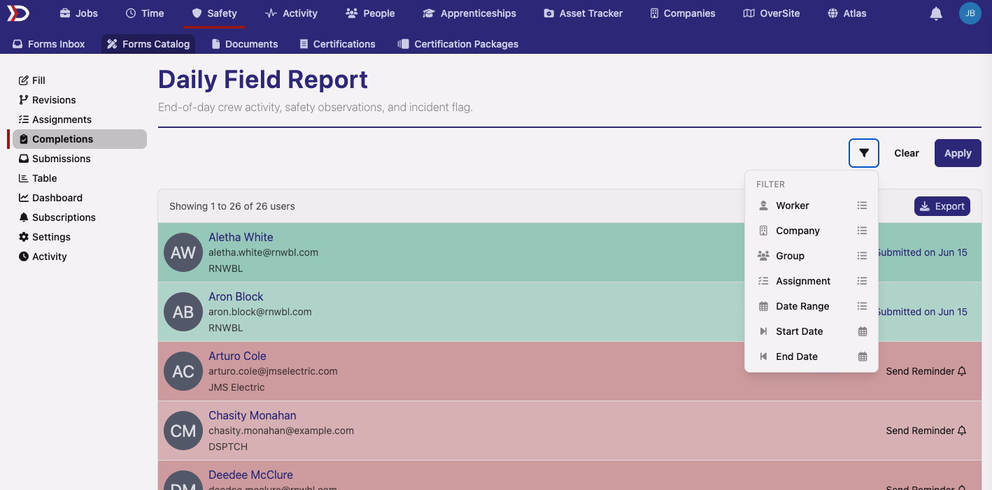 The Completions page (formerly Checklist) with its filter panel open, showing chips for worker, company, group, assignment, and date range