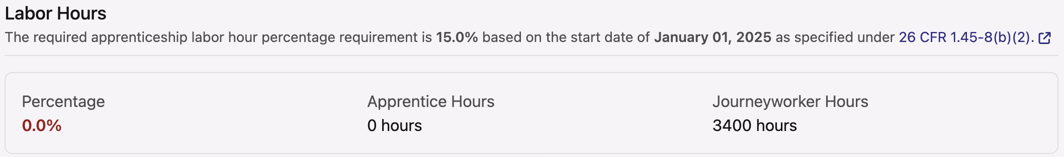 Apprenticeship Labor Hours Dashboard showing percentage, apprentice hours, and journeyworker hours