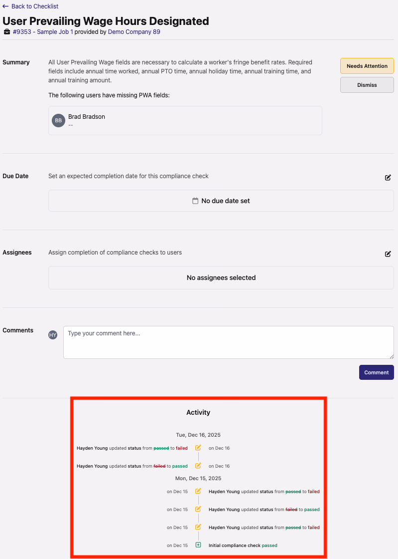 Compliance check activity history log showing timestamped entries with user and change description