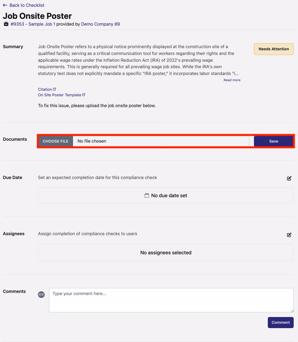 Compliance check requiring a document upload with file upload field highlighted