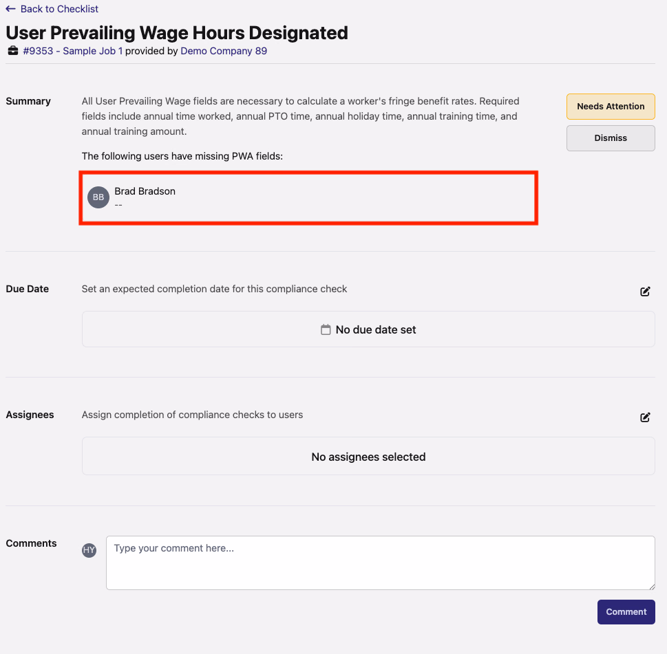 Compliance check listing flagged users who have not met the prevailing wage field requirements