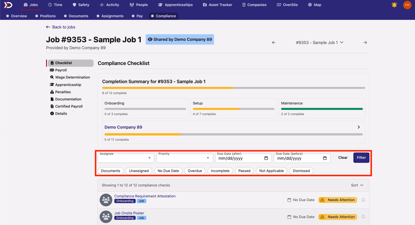 Compliance checklist showing filter buttons for Documents, Unassigned, Overdue, and other status options