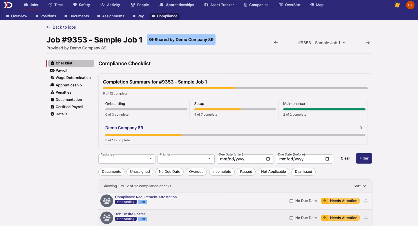 Compliance checklist page showing progress bars for Onboarding, Additional Setup, and Ongoing Maintenance categories