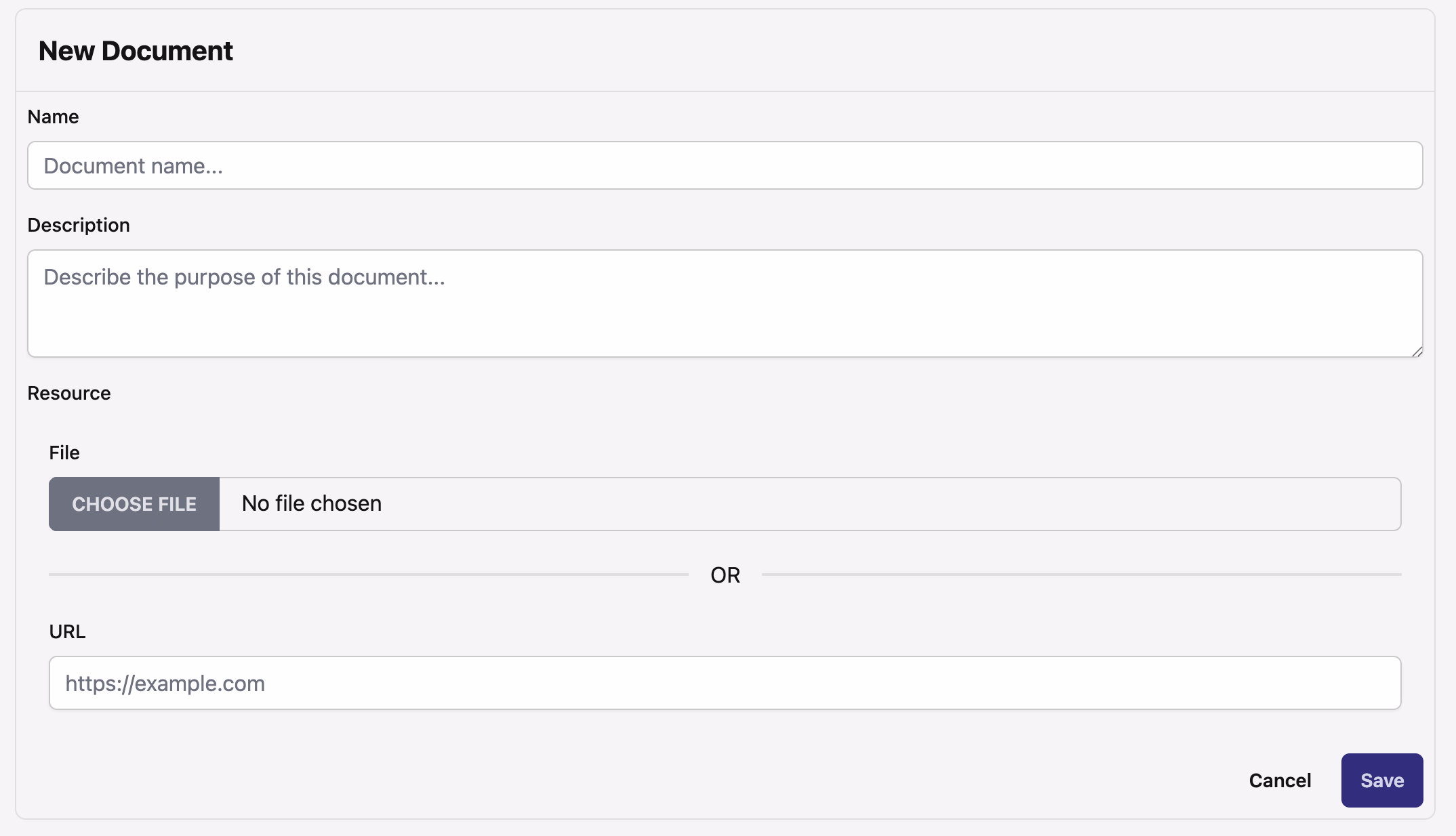 New Document upload form with Choose File and URL fields, name field, and Save button